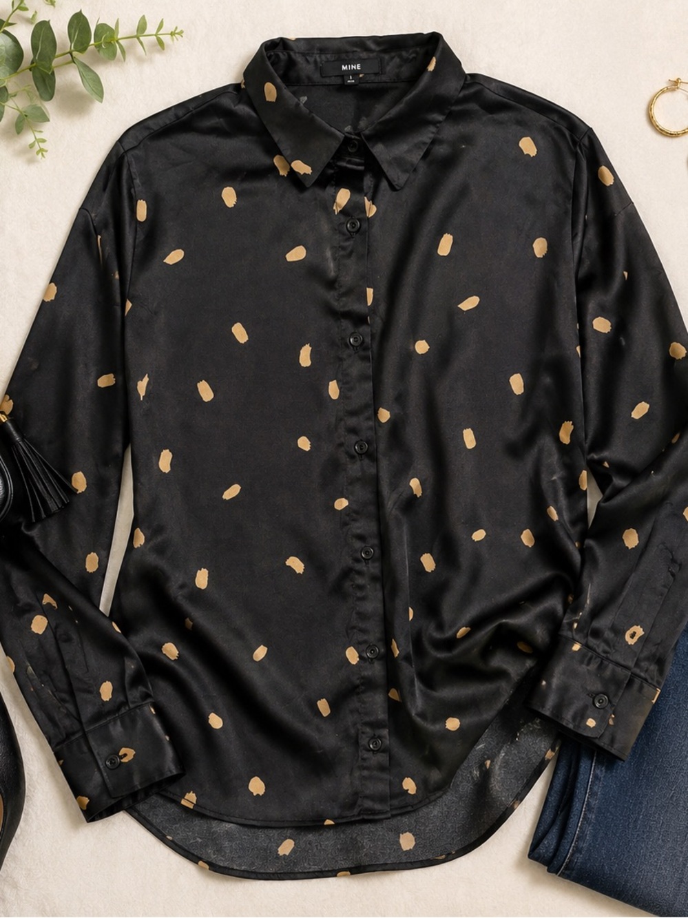 mine Black Satin Top with Metallic Gold Dot Accents